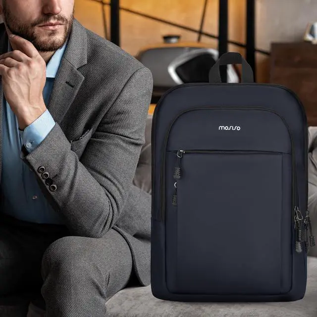 Alt view image 2 of 5 - MOSISO Laptop Backpack for Men, Slim Lightweight Compact Computer Backpack for College Work Business Office Travel, 15.6 inch Waterproof Commute Laptop Bag Casual Daypack with Luggage Strap, Navy Blue