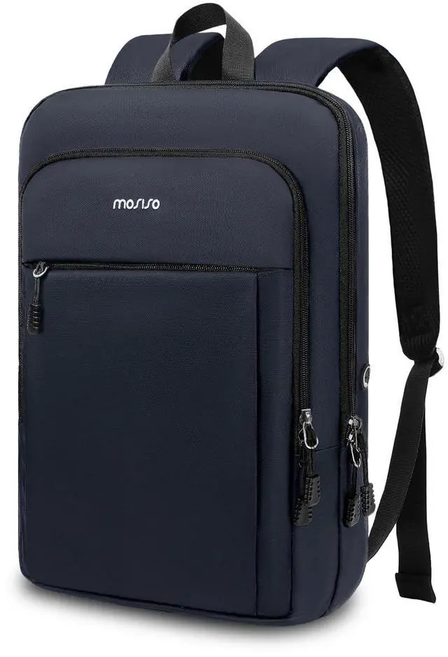 Main image of MOSISO Laptop Backpack for Men, Slim Lightweight Compact Computer Backpack for College Work Business Office Travel, 15.6 inch Waterproof Commute Laptop Bag Casual Daypack with Luggage Strap, Navy Blue