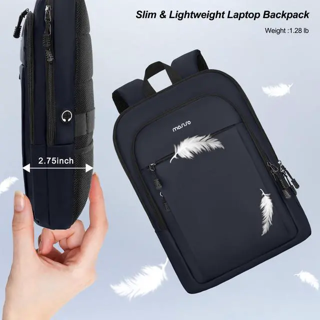 Alt view image 4 of 5 - MOSISO Laptop Backpack for Men, Slim Lightweight Compact Computer Backpack for College Work Business Office Travel, 15.6 inch Waterproof Commute Laptop Bag Casual Daypack with Luggage Strap, Navy Blue