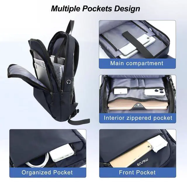 Alt view image 3 of 5 - MOSISO Laptop Backpack for Men, Slim Lightweight Compact Computer Backpack for College Work Business Office Travel, 15.6 inch Waterproof Commute Laptop Bag Casual Daypack with Luggage Strap, Navy Blue