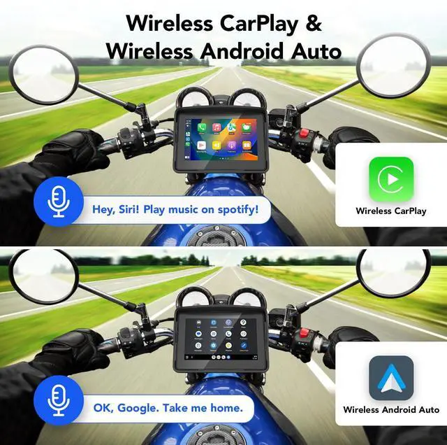 Alt view image 2 of 5 - YCV Motorcycle Carplay Screen, Wireless CarPlay & Android Auto for Motorbike, Carplay Motorcycle GPS Navigation, 5" IP67 Waterproof Touchscreen, Dual Bluetooth, EQ, Support Siri and Google Assistant