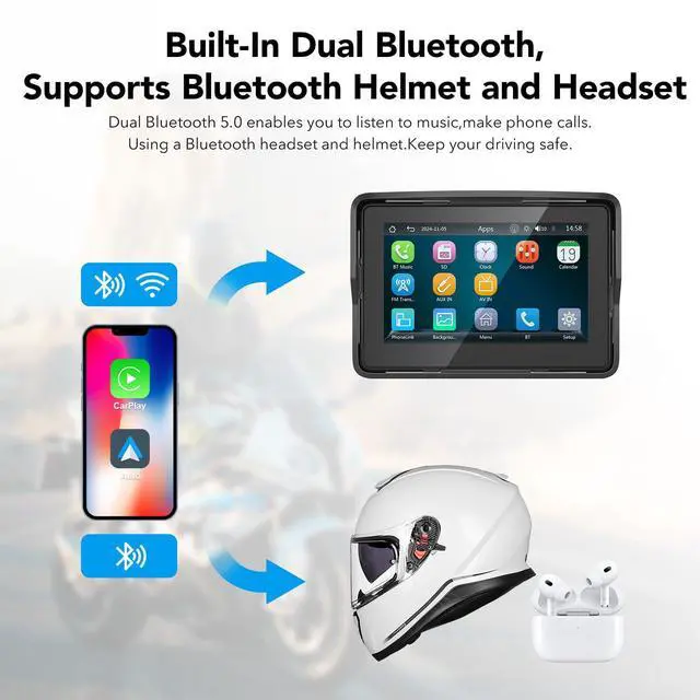 Alt view image 4 of 5 - YCV Motorcycle Carplay Screen, Wireless CarPlay & Android Auto for Motorbike, Carplay Motorcycle GPS Navigation, 5" IP67 Waterproof Touchscreen, Dual Bluetooth, EQ, Support Siri and Google Assistant