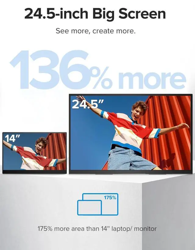 Alt view image 2 of 5 - Portable Monitor 24.5 240Hz, Gaming Monitor with FreeSync, HDR, 0.1ms, 180° Adjustable Kickstand & VESA, USB-C & HDMI, 2000:1 Contrast, 400Nits IPS Large Travel Second Screen for Laptop, Game Console