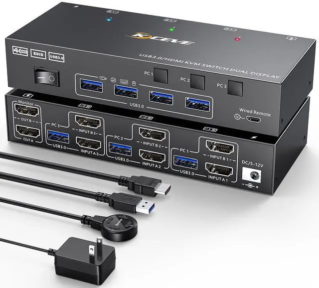 Main image of HDMI KVM Switch 2 Monitors 3 Computers 4K@60Hz,  Dual Monitor KVM Switch for 3 Computers Share 2 Displays and Keyboard Mouse Printer, Wired Remote and 5 Cables Included