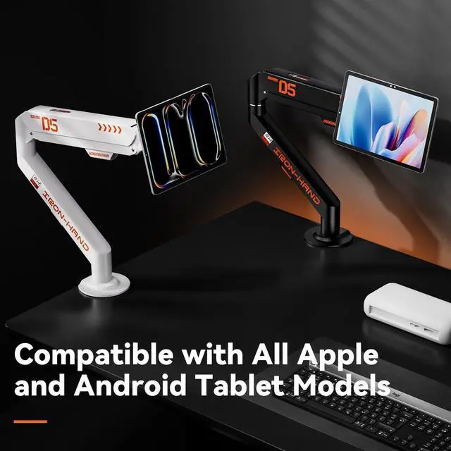 Alt view image 2 of 5 - JINRAIKO Magnetic Tablet Stand, Adjustable Desk Mount for iPad & All Tablets, 360° Rotating Foldable Arm with Gas Spring, Heavy Duty Aluminum, for Home Office, Kitchen, Bedside, Studio, White