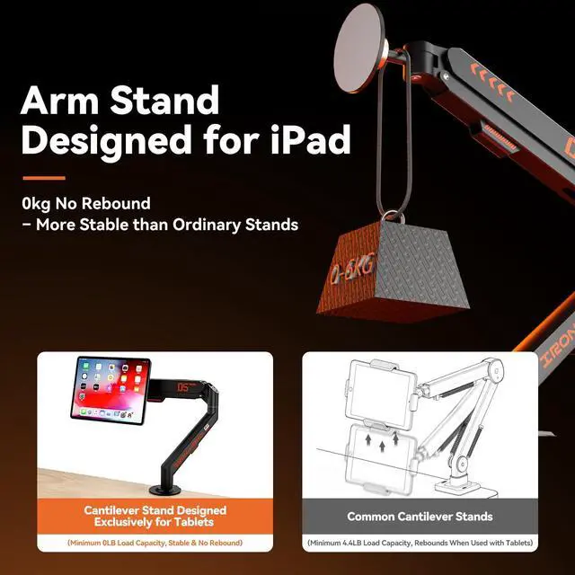 Alt view image 3 of 5 - JINRAIKO Magnetic Tablet Stand, Adjustable Desk Mount for iPad & All Tablets, 360° Rotating Foldable Arm with Gas Spring, Heavy Duty Aluminum, for Home Office, Kitchen, Bedside, Studio, White