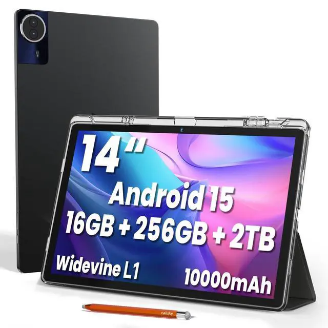 Main image of Android 15 Tablet, 14 Inch Tablet, 16GB RAM+256GB ROM, 1920x1200 FHD IPS Display Anti-Glare, T616 Octa-Core Processor, 10000mAh Battery, with Stylus, Stand Case & 6ft USB Cable (Space Gray)