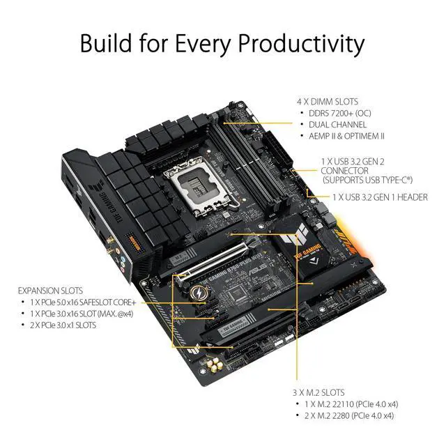 Alt view image 3 of 5 - ASUS TUF GAMING B760-PLUS WIFI Intel B760 LGA 1700 ATX motherboard, Ready for 14th, 13th & 12th Gen Intel Core CPU, 12+1+1 Stages, PCIe 5.0, 3x M.2, DDR5, 2.5G, USB 3.2 Type-C, Thunderbolt