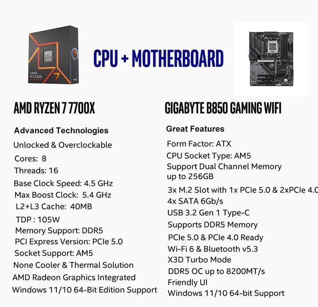 Alt view image 2 of 5 - Micro Center AMD Ryzen 7 7700X CPU Processor with GIGABYTE B850 Gaming WIFI6 Motherboard (ATX, DDR5, 3X M.2, PCIe 5.0, USB-C, WIFI6)