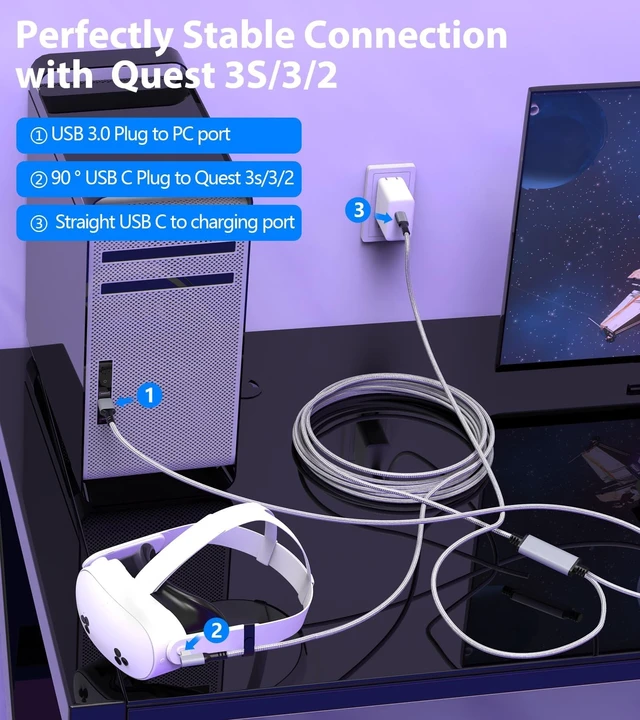 Alt view image 2 of 5 - YRVXW Link Cable 16FT for Meta Quest 3S, Quest 3, Oculus Quest 2/Pro Accessories/PC and Steam VR, Charging Cable While Playing All Day, with USB C Sufficient Power Charger (16FT-Charging While Play)