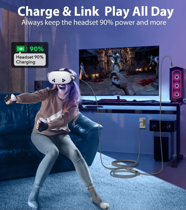 Alt view image 3 of 5 - YRVXW Link Cable 16FT for Meta Quest 3S, Quest 3, Oculus Quest 2/Pro Accessories/PC and Steam VR, Charging Cable While Playing All Day, with USB C Sufficient Power Charger (16FT-Charging While Play)