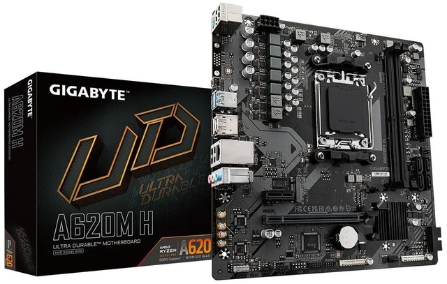 Main image of Gigabyte A620M H Motherboard - Supports AMD Ryzen 8000 CPUs, 5+2+2 Phases Digital VRM, up to 7200MHz DDR5 (OC), 1xPCIe 4.0 M.2, GbE LAN, USB 3.2 Gen 1
