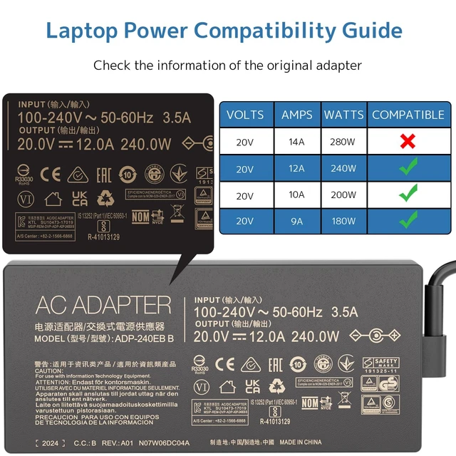 Alt view image 3 of 5 - 240W ADP-240EB B Adapter Compatible with ASUS Gaming Laptop 20V 12A Charger