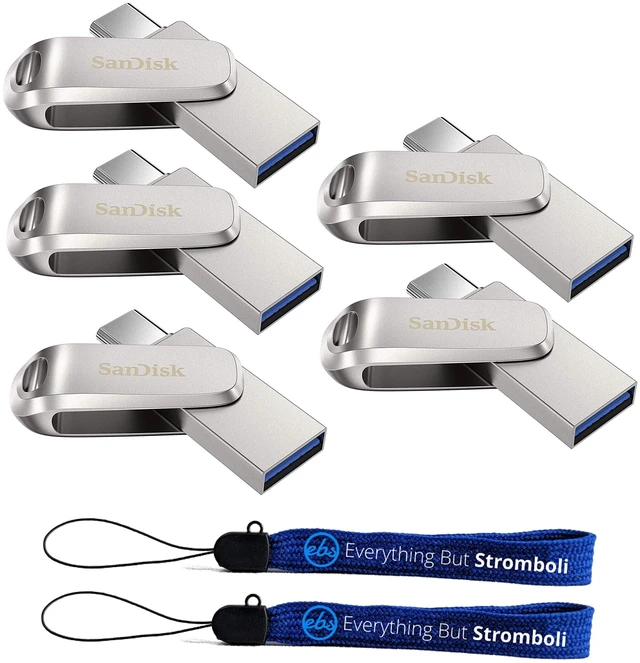 Main image of SanDisk 64GB Flash Drive Ultra Dual Drive Luxe (Bulk 5 Pack) USB Type-C for Smartphones, Tablets, and Computers - High Speed USB 3.1 (SDDDC4-064G-G46) Bundle with (2) Everything But Stromboli Lanyards