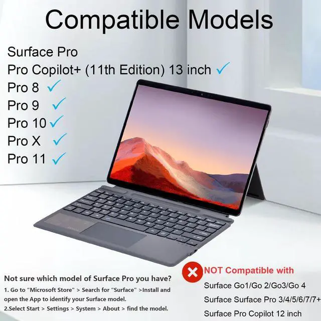 Alt view image 2 of 5 - mobee Type Cover for Microsoft Surface Pro 13 inch, Compatible with Surface Pro 11/10 / 9/8 / X, Slim Keyboard with Trackpad Mouse, Backlit & Pen Holder (Fossil)