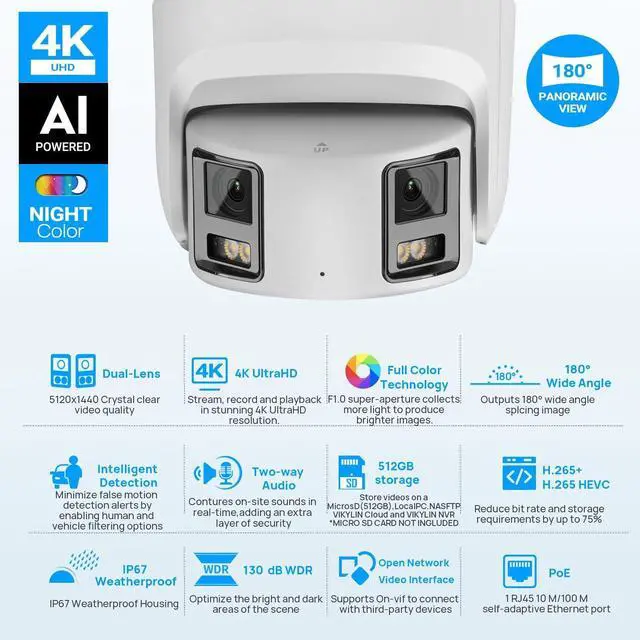 Alt view image 2 of 5 - VIKYLIN 4K 8MP Panoramic Full Color PoE IP Camera,4mm Fixed Lens Turret IP Camera with Human/Vehicle Detection, Active Strobe Light, Audio Alarm, 2-Way Talk,SD Card Slot 512GB,Blue Iris,NDAA Compliant