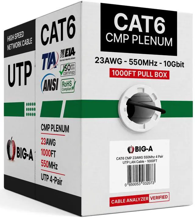 Main image of Big-A Cat 6 Plenum Ethernet Cable 1000ft Black, Cat6 CMP Cable 550MHz, Bulk Ethernet Cable UTP, 23AWG Solid Network Cable, 10 Gigabit, Pull Box
