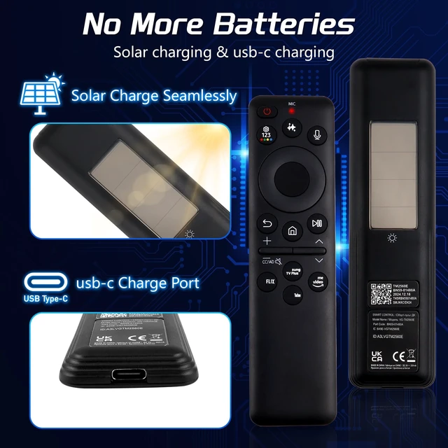 Alt view image 4 of 5 - New BN59-01480A TM2360E Remote Control for Samsung TV, Smart AI Voice Control, Solar-Powered & USB-C Dual Charging, Compatible with Samsung Neo QLED/OLED Smart TVs (2021-2026 Models)