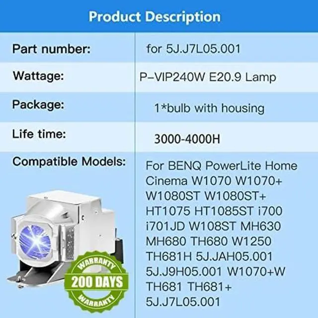 Alt view image 4 of 5 - LBTbate for BENQ W1070 Projector Lamp 5J.J7L05.001 Bulb for BENQ PowerLite W1070 W1070+ W1080ST W1080ST+ HT1075 HT1085ST i700 i701JD W108ST MH630 MH680 TH680 W1250 TH681H 5J.JAH05.001 5J.J9H05.001