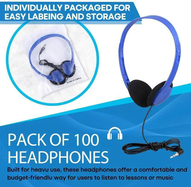 Alt view image 2 of 5 - Yoley Classroom Headphones Bulk 100 Pack Class Set for School Students Kids and Adult -Sturdy Wired 3.5mm Plug (Blue, 100 Pack)