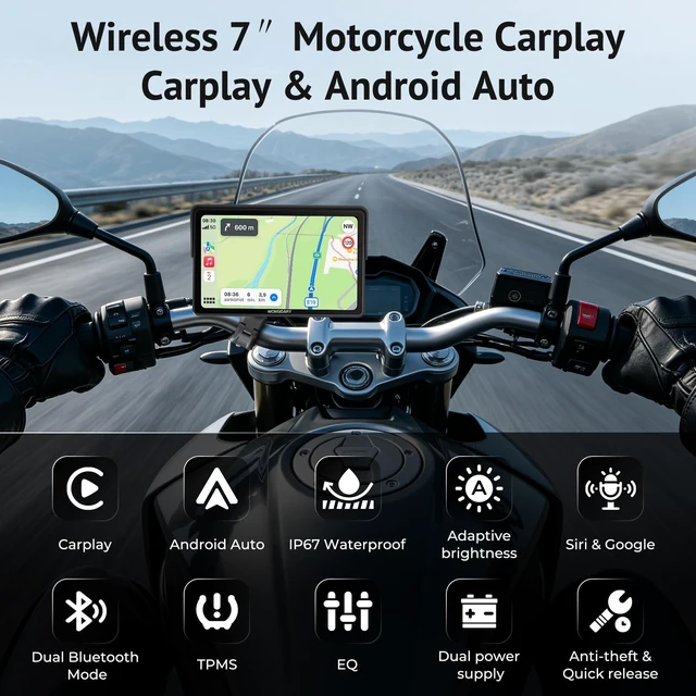 Alt view image 2 of 5 - Wonsidary W722TPMS 7" Wireless Motorcycle CarPlay & Android Auto with TPMS
