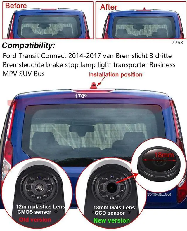 Alt view image 3 of 5 - Caros HD 1280x720 Pixels 1000 TV Line 3rd Brake Light Reversing Camera Brake lamp Parking Camera Replacement for Ford Transit Connect 2014-2017 Transporter Business MPV SUV Bus +4.3'' Reverse Monitor