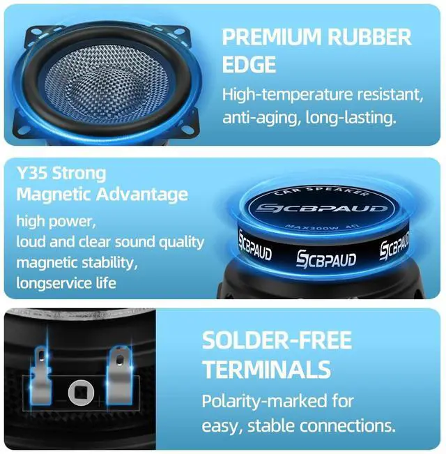 Alt view image 5 of 5 - SCBPAUD (1 Pack 4 Inch Car Speakers 300W, 4 Ohm Mid-Bass Audio Speaker with Carbon Fiber Cone, High Sensitivity, Easy Installation High-End Auto Audio System