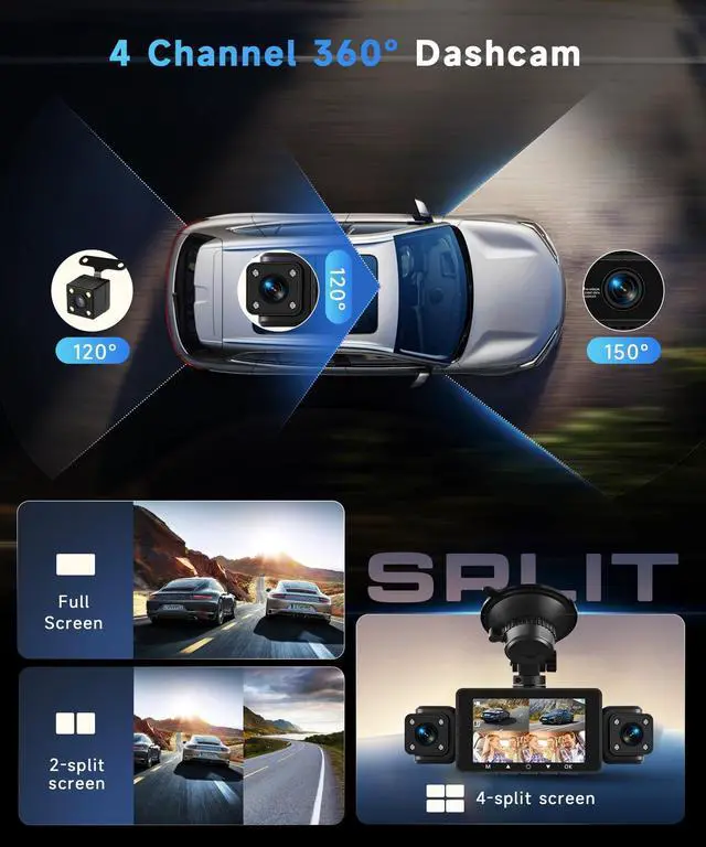 Alt view image 2 of 5 - Orderich 4 Channel 360 Dash Camera Front and Rear Inside Left Right, 3 Inch Dash Cam Support WiFi, Built-in Night Vision Sensitive Motion Detection 24/7 Recording Parking Mode Monitor Reversing Help