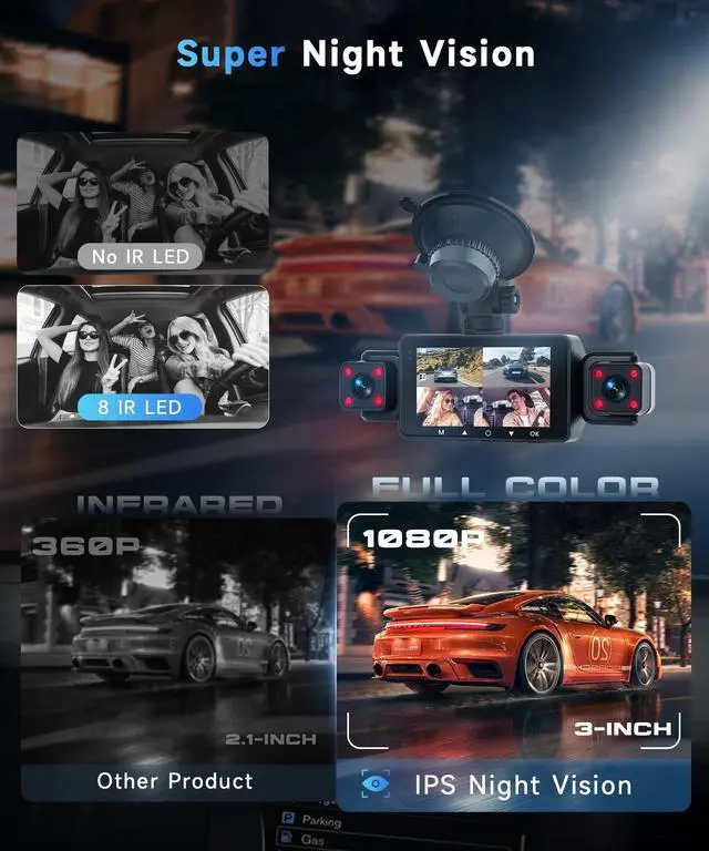 Alt view image 5 of 5 - Orderich 4 Channel 360 Dash Camera Front and Rear Inside Left Right, 3 Inch Dash Cam Support WiFi, Built-in Night Vision Sensitive Motion Detection 24/7 Recording Parking Mode Monitor Reversing Help