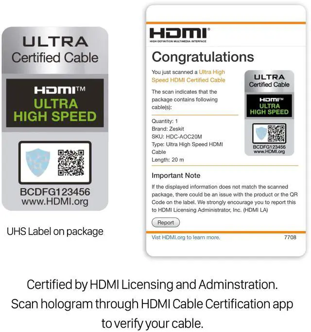 Alt view image 3 of 5 - Zeskit Optical Fiber 10m (33ft) 48Gbps Ultra High Speed HDMI Cable 8K60 4K120 144Hz eARC HDR HDCP 2.2 2.3 Compatible with Dolby Vision Apple TV 4K Roku Sony LG Samsung Xbox Series X RTX 3080