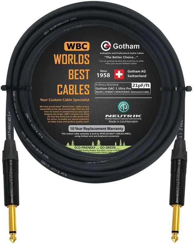 Main image of WORLDS BEST CABLES 35 Foot - Gotham GAC-1 Ultra Pro - Premium Low-Cap (21 pf/F) Guitar Bass Instrument Cable w/Neutrik Gold Straight to Straight inch (6.35mm) TS Connectors - Custom Made