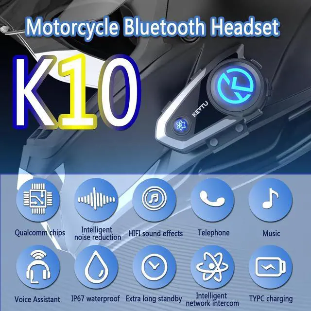 Alt view image 2 of 5 - KEVTU K10 Motorcycle Bluetooth Headset Support 8-Person 4000m Intercom Network Intercom, Helmet Bluetooth Headset with Noise Reduction/Voice Assistant/IP67 Waterproof
