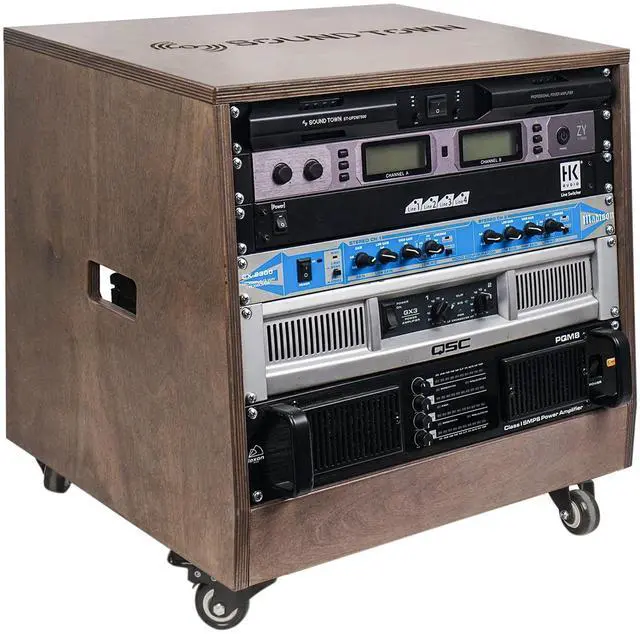 Main image of Sound Town DIY Solid Baltic Birch Plywood Slanted 8U Studio Rack, Weathered Brown, Rubber Feet, Casters (SDRK-8TB)