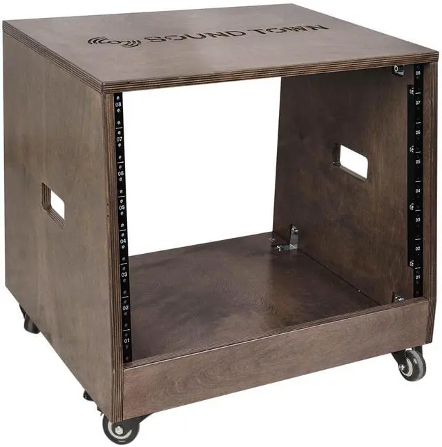 Alt view image 2 of 5 - Sound Town DIY Solid Baltic Birch Plywood Slanted 8U Studio Rack, Weathered Brown, Rubber Feet, Casters (SDRK-8TB)