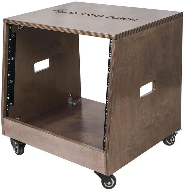 Alt view image 4 of 5 - Sound Town DIY Solid Baltic Birch Plywood Slanted 8U Studio Rack, Weathered Brown, Rubber Feet, Casters (SDRK-8TB)