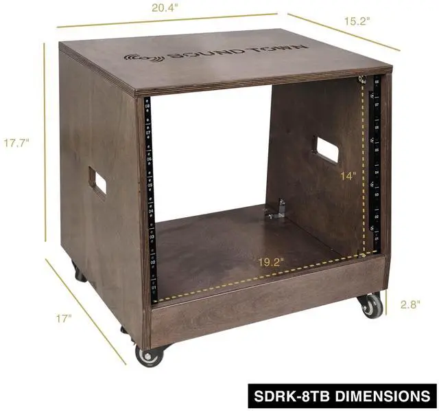 Alt view image 5 of 5 - Sound Town DIY Solid Baltic Birch Plywood Slanted 8U Studio Rack, Weathered Brown, Rubber Feet, Casters (SDRK-8TB)