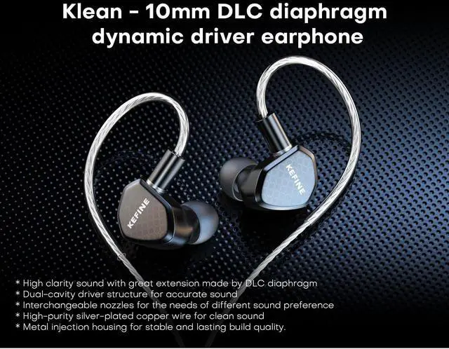 Alt view image 2 of 5 - KGUSS KEFINE Klean HiFi Wired in-Ear Monitors, 10mm DLC Diaphragm Dynamic Driver in Ear Earphones, with 0.78mm 2-pin Detachable Silver-Plated Cable, Gaming Earbuds (No Mic 3.5mm, Black)