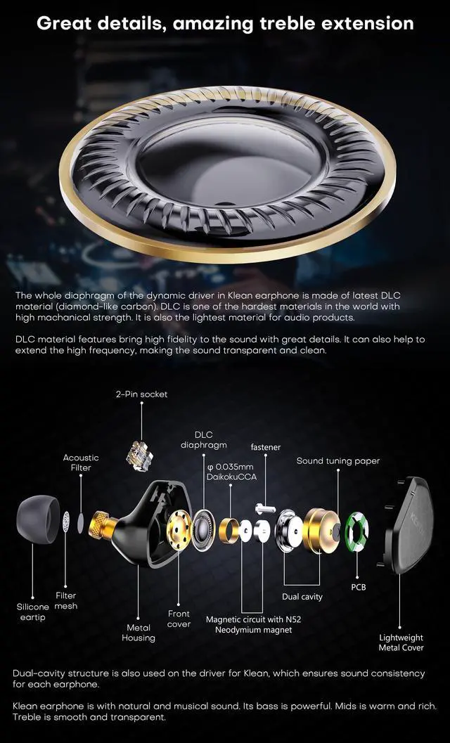 Alt view image 3 of 5 - KGUSS KEFINE Klean HiFi Wired in-Ear Monitors, 10mm DLC Diaphragm Dynamic Driver in Ear Earphones, with 0.78mm 2-pin Detachable Silver-Plated Cable, Gaming Earbuds (No Mic 3.5mm, Black)