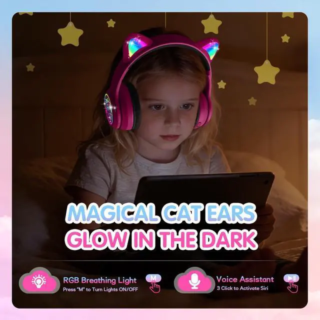 Alt view image 4 of 5 - IFECCO Kids Wireless Headphones with Case - Cute LED Light Up Cat Ear,50H Playtime,Safe Volume Limited,Bluetooth 6.0 Kids Girls Headphones for School iPad Tablet Gifts