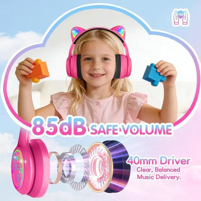 Alt view image 2 of 5 - IFECCO Kids Wireless Headphones with Case - Cute LED Light Up Cat Ear,50H Playtime,Safe Volume Limited,Bluetooth 6.0 Kids Girls Headphones for School iPad Tablet Gifts