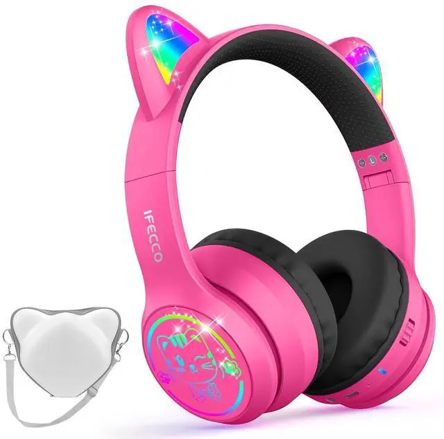 Main image of IFECCO Kids Wireless Headphones with Case - Cute LED Light Up Cat Ear,50H Playtime,Safe Volume Limited,Bluetooth 6.0 Kids Girls Headphones for School iPad Tablet Gifts