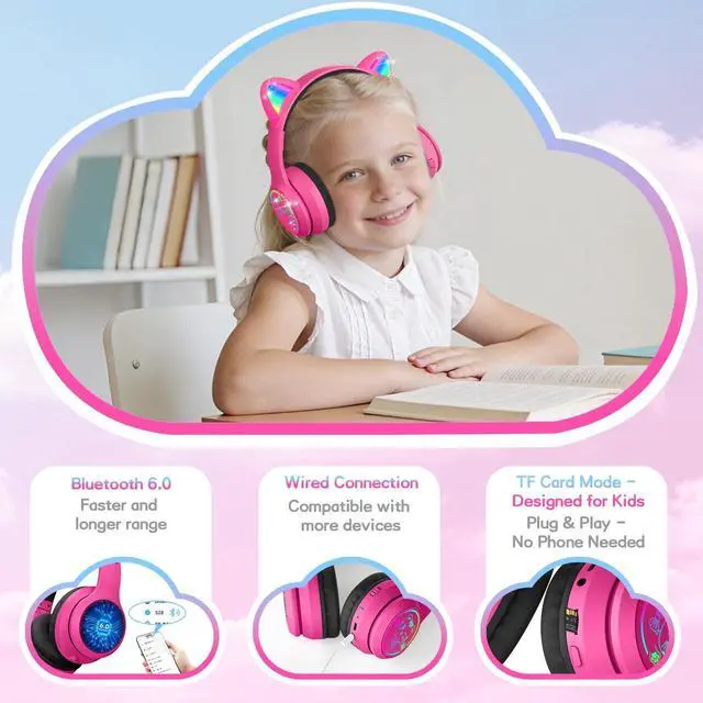 Alt view image 3 of 5 - IFECCO Kids Wireless Headphones with Case - Cute LED Light Up Cat Ear,50H Playtime,Safe Volume Limited,Bluetooth 6.0 Kids Girls Headphones for School iPad Tablet Gifts