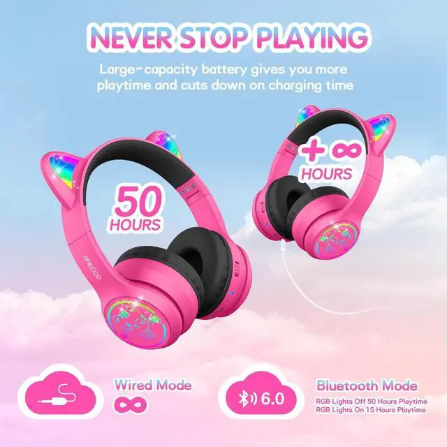 Alt view image 5 of 5 - IFECCO Kids Wireless Headphones with Case - Cute LED Light Up Cat Ear,50H Playtime,Safe Volume Limited,Bluetooth 6.0 Kids Girls Headphones for School iPad Tablet Gifts
