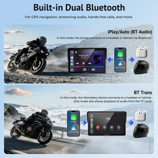 Alt view image 5 of 5 - Wonsidary 5" Wireless Motorcycle CarPlay & Android Auto with TPMS Screen
