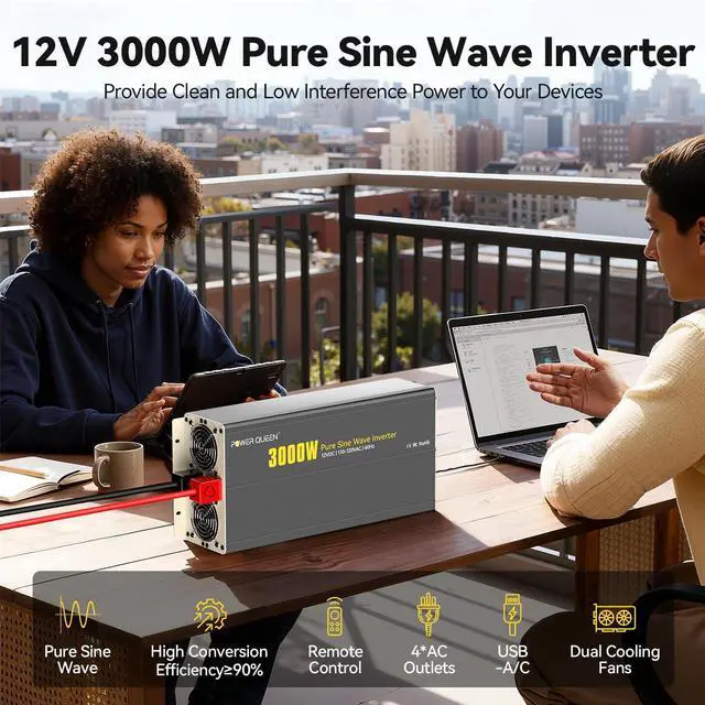Alt view image 2 of 5 - Power Queen 2000W Pure Sine Wave Inverter, Solar Power Inverter 12V DC to 110V-120V AC Converter with 2 AC Outlets, LCD Display for Off-Grid Solar Power System, RV, Truck, Home Appliances