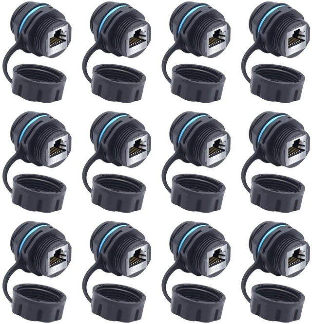 Main image of YIOVVOM 12PCS Panel Mounting Panel Mounting CAT6 Rj45 Shielded Waterproof ethernet Connector Cat5/5e/6 Female to Female 8P8C Ethernet LAN Cable Coupler Double Head Adapter with Waterproof/Dust Cap