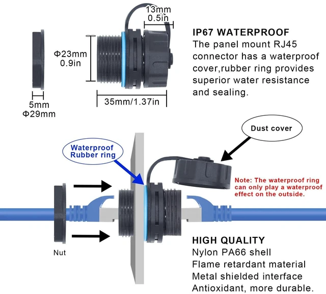 Alt view image 2 of 5 - YIOVVOM 12PCS Panel Mounting Panel Mounting CAT6 Rj45 Shielded Waterproof ethernet Connector Cat5/5e/6 Female to Female 8P8C Ethernet LAN Cable Coupler Double Head Adapter with Waterproof/Dust Cap