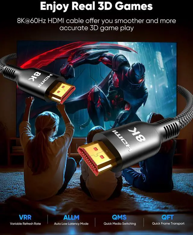 Alt view image 5 of 5 - Highwings 8K HDMI Cable 35FT Long, Ultra High Speed HDMI 2.1 Cable 48Gbps 8K@60 4K@120Hz Braided HDMI Cord Dynamic HDR10 eARC HDCP 2.2 & 2.3, Compatible for PS5/HDTV/Projector/Monitor and More