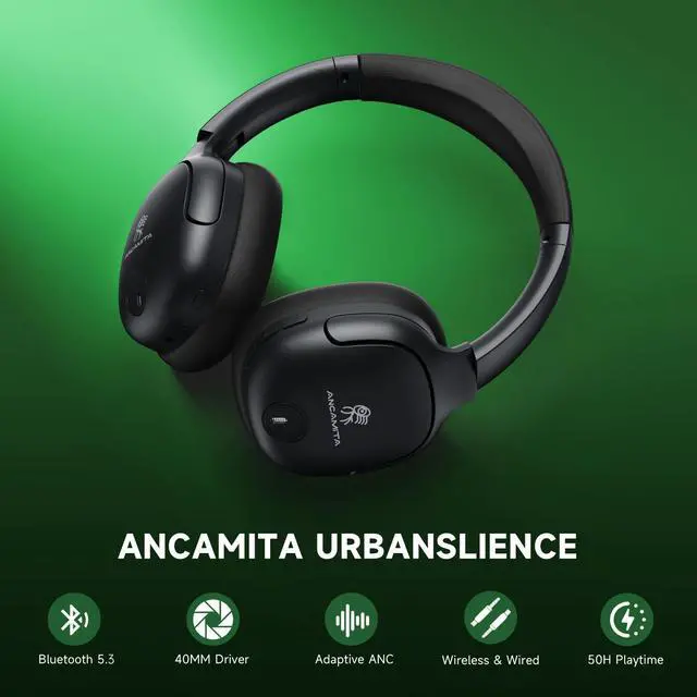 Alt view image 2 of 5 - ANCAMITA Hybrid Active Noise Cancelling Headphones, Wireless Over Ear Bluetooth, 50H Long ANC Playtime, Rotatable and Foldable, HiFi Audio Deep Bass, Customized EQ via APP, Transparency Mode (B