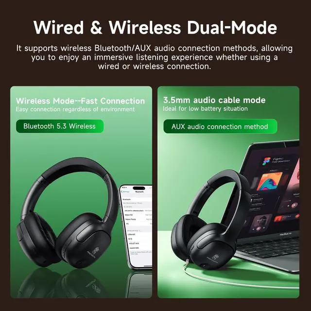 Alt view image 5 of 5 - ANCAMITA Hybrid Active Noise Cancelling Headphones, Wireless Over Ear Bluetooth, 50H Long ANC Playtime, Rotatable and Foldable, HiFi Audio Deep Bass, Customized EQ via APP, Transparency Mode (B